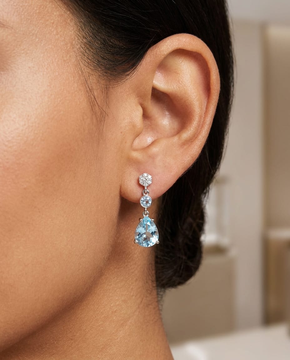 Pendientes Olympia Topacio Azul Diamantes Oro Blanco 18K - Imagen 3