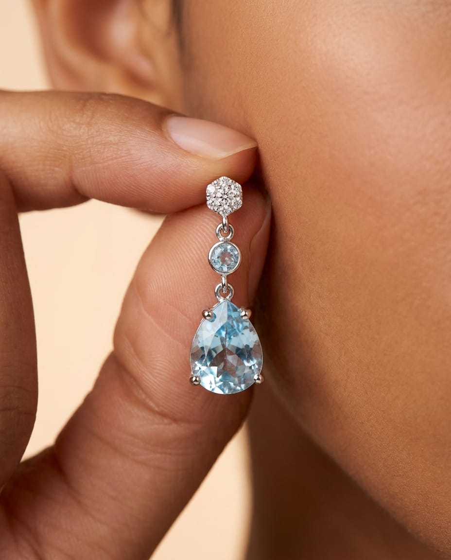 Pendientes Olympia Topacio Azul Diamantes Oro Blanco 18K - Imagen 4