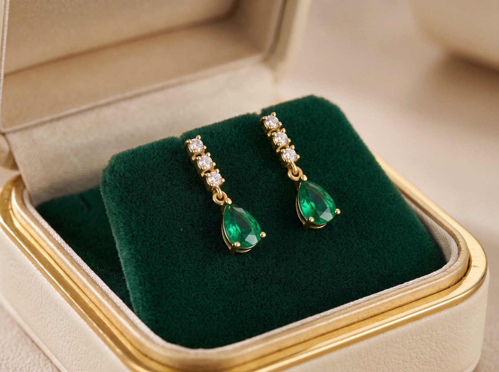 Pendientes Leire Esmeralda Diamantes 0,09ct Oro 18K - Imagen 3