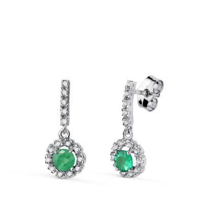 Pendiente Largo Rosetón Esmeralda Oro Blanco 18K