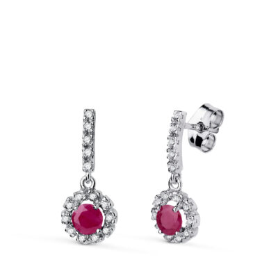 Pendiente Largo Rosetón Rubí Oro Blanco 18K