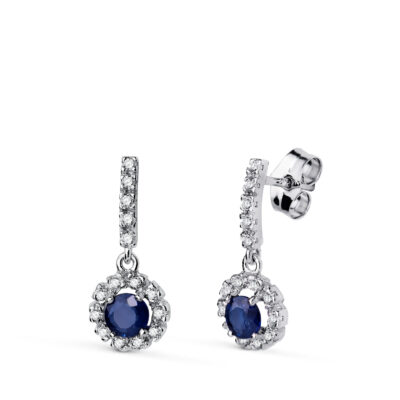 Pendiente Largo Rosetón Zafiro Oro Blanco 18K