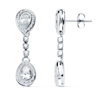 Pendientes Largos Roseton Gota Oro Blanco 18K