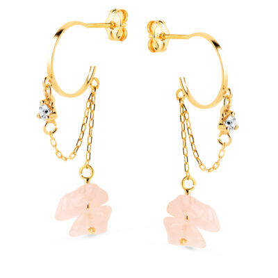 Pendientes Largo Cuarzo Rosa Oro Amarillo 18