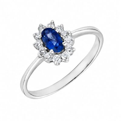 Anillo Rosetón Diamantes 0,18ct Zafiro Oro Blanco 18K